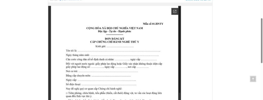 MẪU ĐƠN ĐĂNG KÝ CẤP CHỨNG CHỈ HÀNH NGHỀ THÚ Y