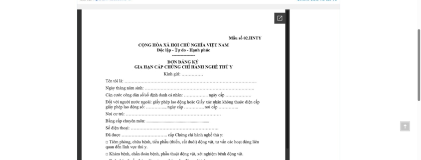 MẪU ĐƠN ĐĂNG KÝ GIA HẠN CẤP CHỨNG CHỈ HÀNH NGHỀ THÚ Y