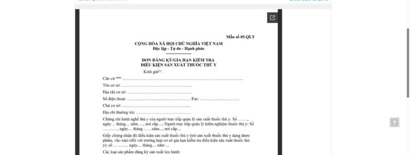 MẪU ĐƠN ĐĂNG KÝ/GIA HẠN KIỂM TRA ĐIỀU KIỆN SẢN XUẤT THUỐC THÚ Y