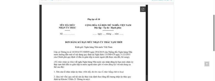 MẪU ĐƠN ĐĂNG KÝ HẠN MỨC NHẬN ỦY THÁC TẠM THỜI CỦA NGÂN HÀNG NHÀ NƯỚC