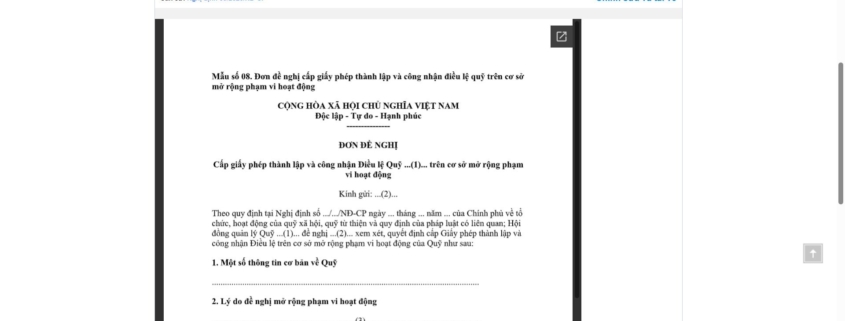 MẪU ĐƠN ĐỀ NGHỊ CẤP GIẤY PHÉP THÀNH LẬP VÀ CÔNG NHẬN ĐIỀU LỆ QUỸ TRÊN CƠ SỞ MỞ RỘNG PHẠM VI HOẠT ĐỘNG (ĐỐI VỚI QUỸ XÃ HỘI, QUỸ TỪ THIỆN)