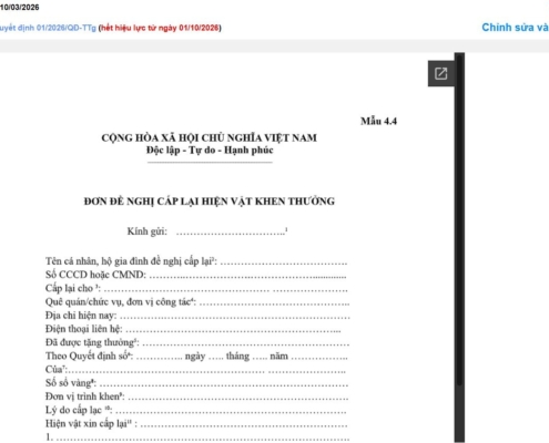 MẪU ĐƠN ĐỀ NGHỊ CẤP LẠI HIỆN VẬT KHEN THƯỞNG