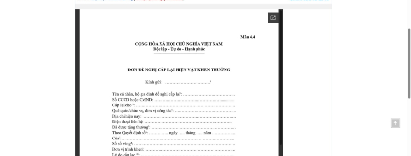 MẪU ĐƠN ĐỀ NGHỊ CẤP LẠI HIỆN VẬT KHEN THƯỞNG
