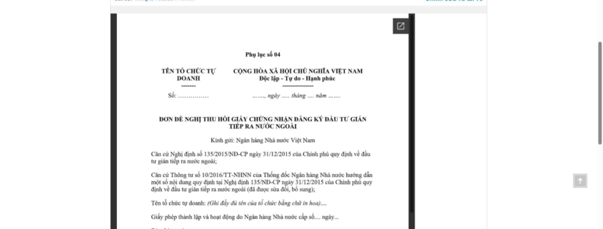 MẪU ĐƠN ĐỀ NGHỊ THU HỒI GIẤY CHỨNG NHẬN ĐĂNG KÝ ĐẦU TƯ GIÁN TIẾP RA NƯỚC NGOÀI CỦA NGÂN HÀNG NHÀ NƯỚC