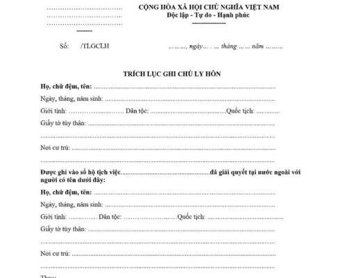 MẪU TRÍCH LỤC GHI CHÚ LY HÔN BẢN ĐIỆN TỬ