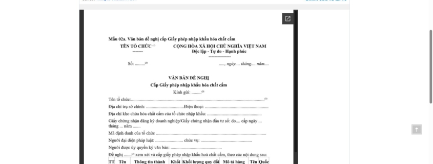 MẪU VĂN BẢN ĐỀ NGHỊ CẤP GIẤY PHÉP NHẬP KHẨU HÓA CHẤT CẤM