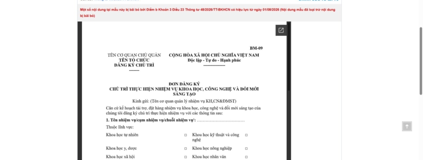 MẪU ĐƠN ĐĂNG KÝ CHỦ TRÌ THỰC HIỆN NHIỆM VỤ KHOA HỌC, CÔNG NGHỆ VÀ ĐỔI MỚI SÁNG TẠO