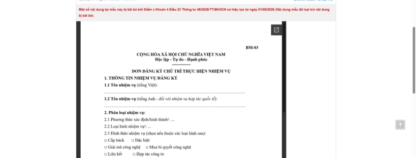 MẪU ĐƠN ĐĂNG KÝ CHỦ TRÌ THỰC HIỆN NHIỆM VỤ KHOA HỌC VÀ CÔNG NGHỆ DO BỘ KHOA HỌC VÀ CÔNG NGHỆ TÀI TRỢ, ĐẶT HÀNG
