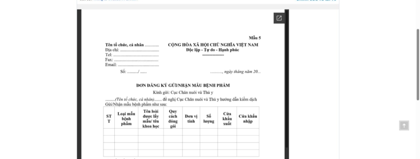 MẪU ĐƠN ĐĂNG KÝ GỬI/NHẬN MẪU BỆNH PHẨM (ĐỐI VỚI KIỂM DỊCH ĐỘNG VẬT, SẢN PHẨM ĐỘNG VẬT TRÊN CẠN)