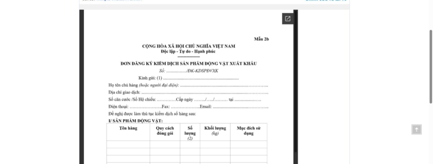 MẪU ĐƠN ĐĂNG KÝ KIỂM DỊCH SẢN PHẨM ĐỘNG VẬT XUẤT KHẨU (ĐỐI VỚI ĐỘNG VẬT TRÊN CẠN)