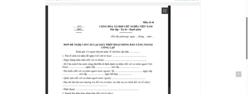MẪU ĐƠN ĐỀ NGHỊ CẤP/CẤP LẠI GIẤY PHÉP HOẠT ĐỘNG BẢO TÀNG NGOÀI CÔNG LẬP