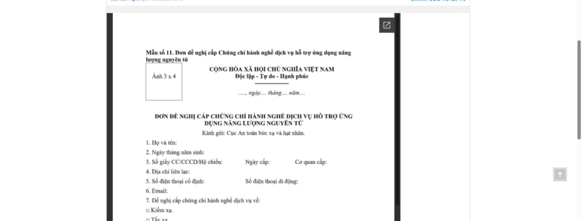 MẪU ĐƠN ĐỀ NGHỊ CẤP CHỨNG CHỈ HÀNH NGHỀ DỊCH VỤ HỖ TRỢ ỨNG DỤNG NĂNG LƯỢNG NGUYÊN TỬ