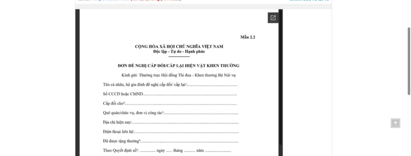 MẪU ĐƠN ĐỀ NGHỊ CẤP ĐỔI/CẤP LẠI HIỆN VẬT KHEN THƯỞNG CỦA BỘ NỘI VỤ