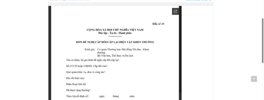 MẪU ĐƠN ĐỀ NGHỊ CẤP ĐỔI/CẤP LẠI HIỆN VẬT KHEN THƯỞNG CỦA BỘ VĂN HÓA, THỂ THAO VÀ DU LỊCH