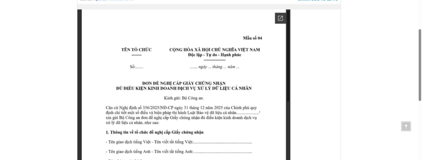 MẪU ĐƠN ĐỀ NGHỊ CẤP GIẤY CHỨNG NHẬN ĐỦ ĐIỀU KIỆN KINH DOANH DỊCH VỤ XỬ LÝ DỮ LIỆU CÁ NHÂN