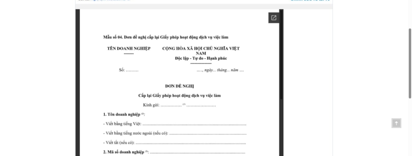 MẪU ĐƠN ĐỀ NGHỊ CẤP LẠI GIẤY PHÉP HOẠT ĐỘNG DỊCH VỤ VIỆC LÀM