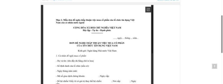 MẪU ĐƠN ĐỀ NGHỊ CHẤP THUẬN VIỆC MUA CỔ PHẦN CỦA TỔ CHỨC TÍN DỤNG VIỆT NAM CỦA CÁ NHÂN NƯỚC NGOÀI