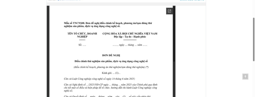 MẪU ĐƠN ĐỀ NGHỊ ĐIỀU CHỈNH THỬ NGHIỆM SẢN PHẨM, DỊCH VỤ ỨNG DỤNG CÔNG NGHỆ SỐ