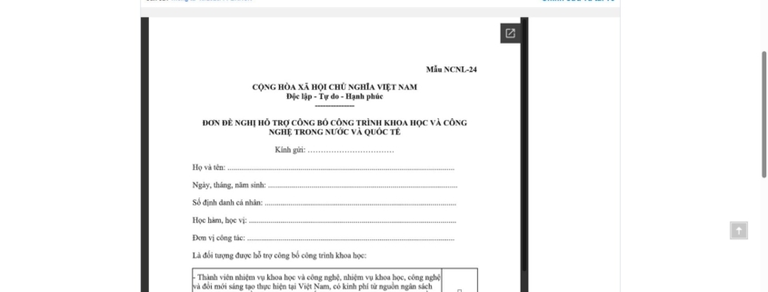 MẪU ĐƠN ĐỀ NGHỊ HỖ TRỢ CÔNG BỐ CÔNG TRÌNH KHOA HỌC VÀ CÔNG NGHỆ TRONG NƯỚC VÀ QUỐC TẾ