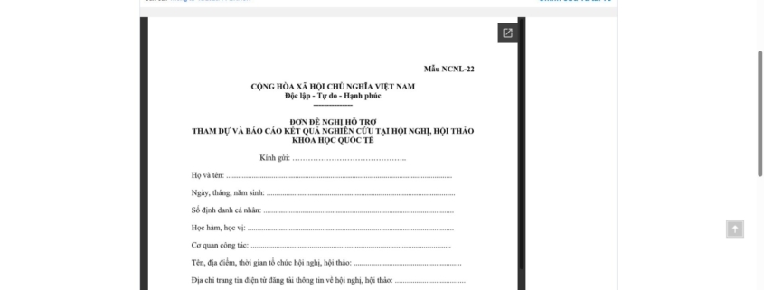 MẪU ĐƠN ĐỀ NGHỊ HỖ TRỢ THAM DỰ VÀ BÁO CÁO KẾT QUẢ NGHIÊN CỨU TẠI HỘI NGHỊ, HỘI THẢO KHOA HỌC QUỐC TẾ
