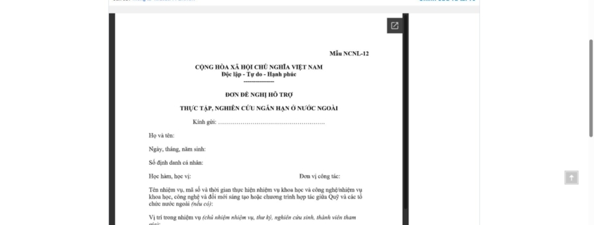 MẪU ĐƠN ĐỀ NGHỊ HỖ TRỢ THỰC TẬP, NGHIÊN CỨU NGẮN HẠN Ở NƯỚC NGOÀI NGÀNH KHOA HỌC, CÔNG NGHỆ