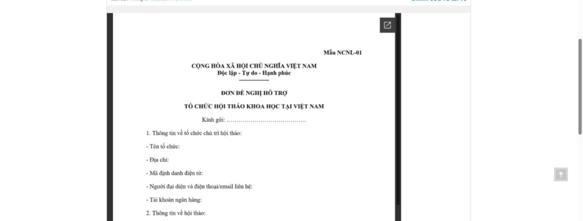 MẪU ĐƠN ĐỀ NGHỊ HỖ TRỢ TỔ CHỨC HỘI THẢO KHOA HỌC TẠI VIỆT NAM