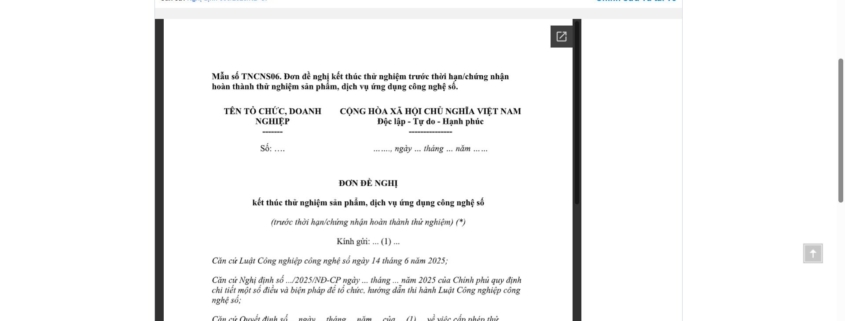 MẪU ĐƠN ĐỀ NGHỊ KẾT THÚC THỬ NGHIỆM SẢN PHẨM, DỊCH VỤ ỨNG DỤNG CÔNG NGHỆ SỐ