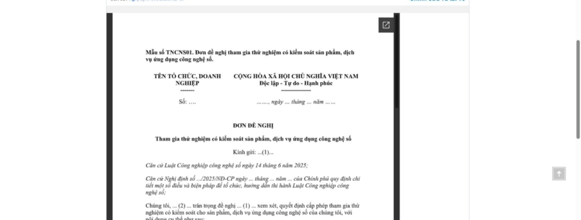 MẪU ĐƠN ĐỀ NGHỊ THAM GIA THỬ NGHIỆM CÓ KIỂM SOÁT SẢN PHẨM, DỊCH VỤ ỨNG DỤNG CÔNG NGHỆ SỐ