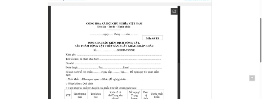MẪU ĐƠN KHAI BÁO KIỂM DỊCH ĐỘNG VẬT, SẢN PHẨM ĐỘNG VẬT THỦY SẢN XUẤT KHẨU, NHẬP KHẨU
