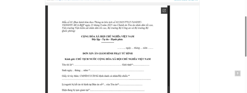 MẪU ĐƠN XIN ÂN GIẢM HÌNH PHẠT TỬ HÌNH