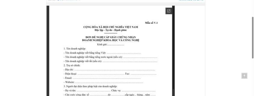 MẪU ĐƠN ĐỀ NGHỊ CẤP GIẤY CHỨNG NHẬN DOANH NGHIỆP KHOA HỌC VÀ CÔNG NGHỆ