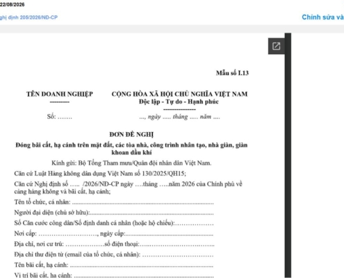 MẪU ĐƠN ĐỀ NGHỊ ĐÓNG BÃI CẤT, HẠ CÁNH TRÊN MẶT ĐẤT, CÁC TÒA NHÀ, CÔNG TRÌNH NHÂN TẠO, NHÀ GIÀN, GIÀN KHOAN DẦU KHÍ