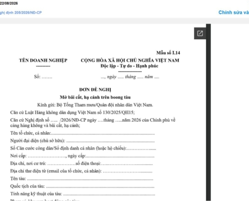MẪU ĐƠN ĐỀ NGHỊ MỞ BÃI CẤT, HẠ CÁNH TRÊN BOONG TÀU