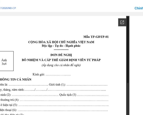 MẪU ĐƠN ĐỀ NGHỊ BỔ NHIỆM VÀ CẤP THẺ GIÁM ĐỊNH VIÊN TƯ PHÁP (ÁP DỤNG CHO CÁ NHÂN ĐỀ NGHỊ)