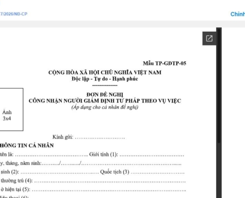 MẪU ĐƠN ĐỀ NGHỊ CÔNG NHẬN NGƯỜI GIÁM ĐỊNH TƯ PHÁP THEO VỤ VIỆC (ÁP DỤNG CHO CÁ NHÂN ĐỀ NGHỊ)