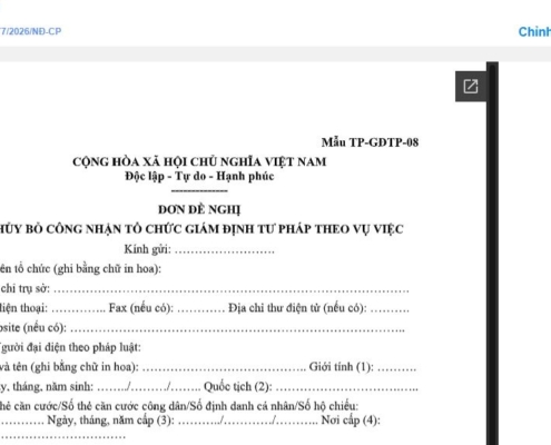 MẪU ĐƠN ĐỀ NGHỊ HỦY BỎ CÔNG NHẬN TỔ CHỨC GIÁM ĐỊNH TƯ PHÁP THEO VỤ VIỆC