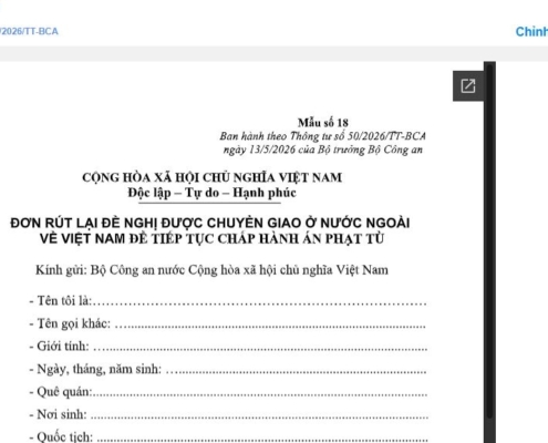 MẪU ĐƠN RÚT LẠI ĐỀ NGHỊ ĐƯỢC CHUYỂN GIAO Ở NƯỚC NGOÀI VỀ VIỆT NAM ĐỂ TIẾP TỤC CHẤP HÀNH ÁN PHẠT TÙ