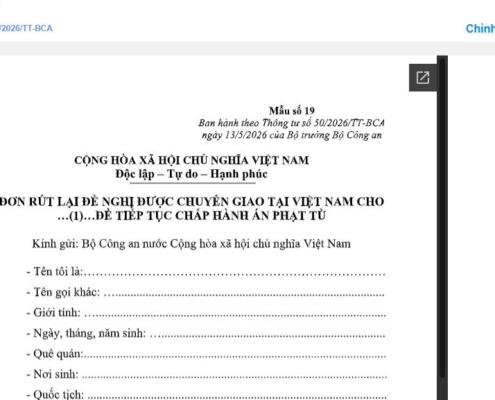 MẪU ĐƠN RÚT LẠI ĐỀ NGHỊ ĐƯỢC CHUYỂN GIAO TẠI VIỆT NAM CHO NƯỚC NGOÀI ĐỂ TIẾP TỤC CHẤP HÀNH ÁN PHẠT TÙ