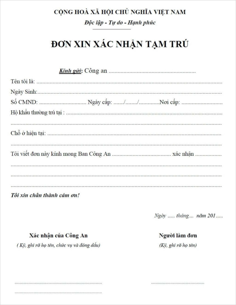 Mẫu đơn xin xác nhận tạm trú mới nhất năm 2026