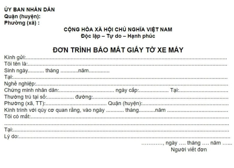 Mẫu đơn trình báo mất giấy tờ xe máy mới nhất năm 2026