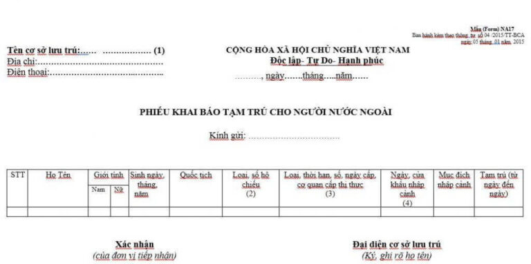 Mẫu Phiếu khai báo tạm trú cho người nước ngoài năm 2026