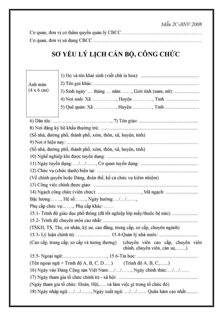 Mẫu Sơ yếu lý lịch cán bộ, công chức – Mẫu 2C-BNV và hướng dẫn chi tiết cách khai