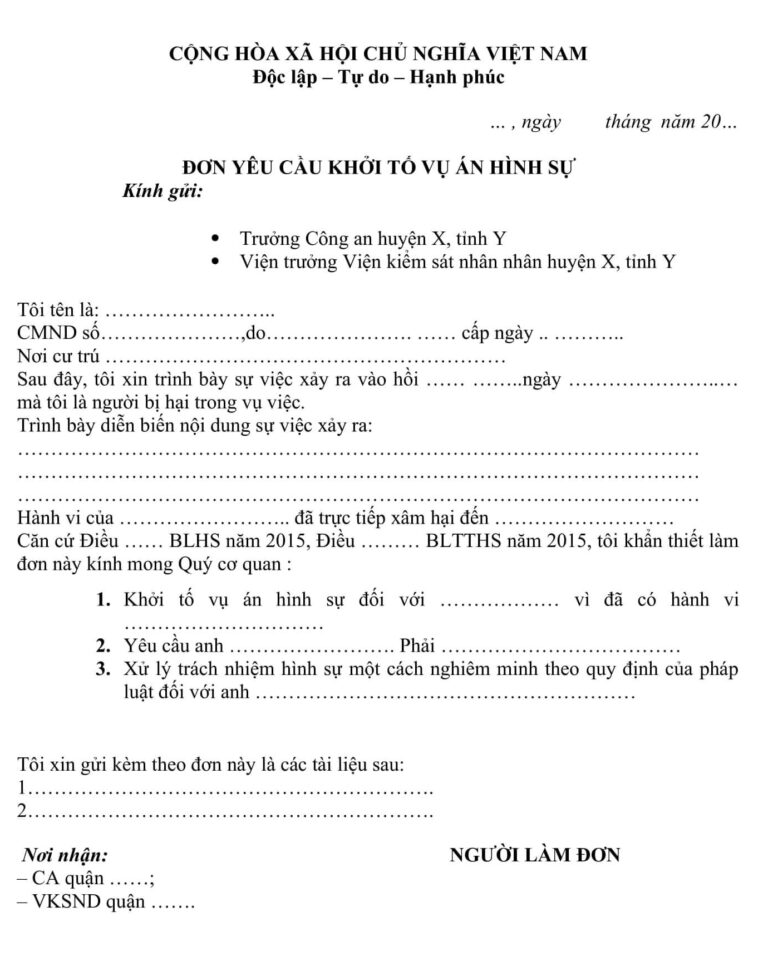 Mẫu đơn yêu cầu khởi tố vụ án hình sự mới nhất hiện nay