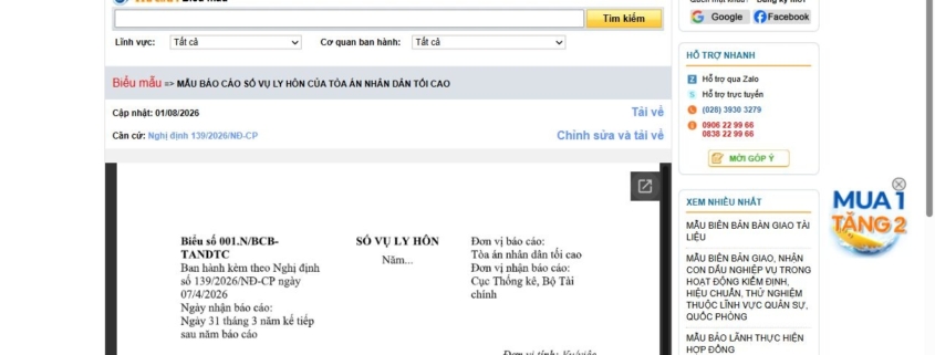 MẪU BÁO CÁO SỐ VỤ LY HÔN CỦA TÒA ÁN NHÂN DÂN TỐI CAO