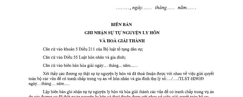 MẪU BIÊN BẢN GHI NHẬN SỰ TỰ NGUYỆN LY HÔN VÀ HÒA GIẢI THÀNH
