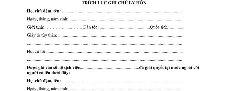 MẪU TRÍCH LỤC GHI CHÚ LY HÔN BẢN ĐIỆN TỬ