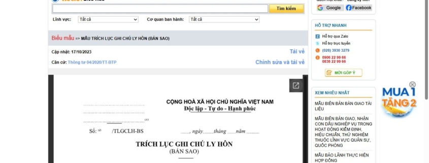 MẪU TRÍCH LỤC GHI CHÚ LY HÔN (BẢN SAO)