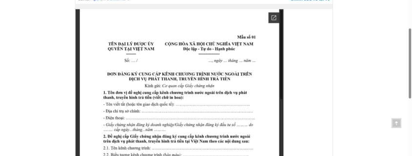 MẪU ĐƠN ĐĂNG KÝ CUNG CẤP KÊNH CHƯƠNG TRÌNH NƯỚC NGOÀI TRÊN DỊCH VỤ PHÁT THANH, TRUYỀN HÌNH TRẢ TIỀN