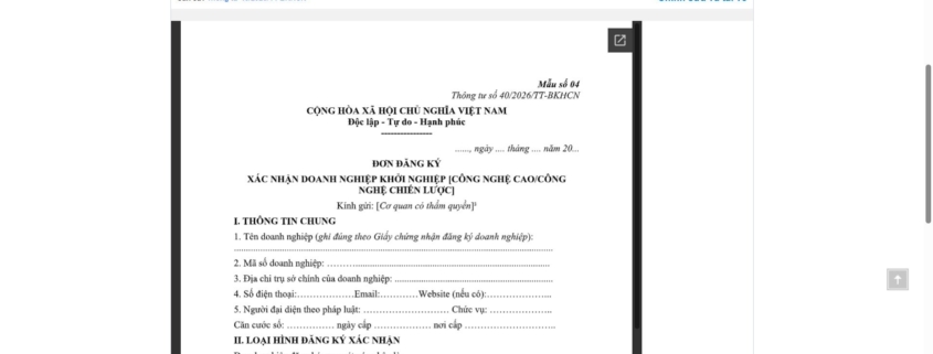 MẪU ĐƠN ĐĂNG KÝ XÁC NHẬN DOANH NGHIỆP KHỞI NGHIỆP CÔNG NGHỆ CAO/CÔNG NGHỆ CHIẾN LƯỢC