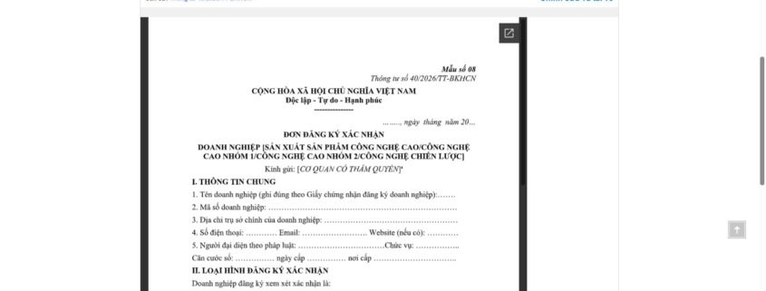 MẪU ĐƠN ĐĂNG KÝ XÁC NHẬN DOANH NGHIỆP SẢN XUẤT SẢN PHẨM CÔNG NGHỆ CAO/CÔNG NGHỆ CAO NHÓM 1/CÔNG NGHỆ CAO NHÓM 2/CÔNG NGHỆ CHIẾN LƯỢC